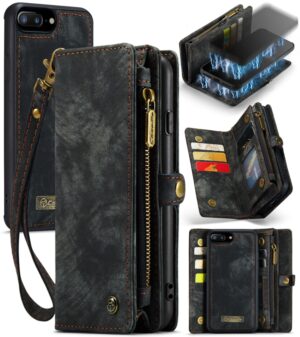 CaseMe für iPhone 8 Plus & 7 Plus Multifunktionale Leder-Brieftasche mit abnehmbarer magnetischer PC-Rückseite, Schutzhülle und Halter, 11 Kartenfächern, 3 Bargeldfächern, 1 Geldbörse mit Reißverschluss, 2 Fotorahmen und 3 Magnetverschlüssen, For 8P & 7P